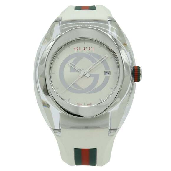 GUCCI Sync Interlocking G Shelly Silver Dial Stainless Steel Rubber Men's Qua...